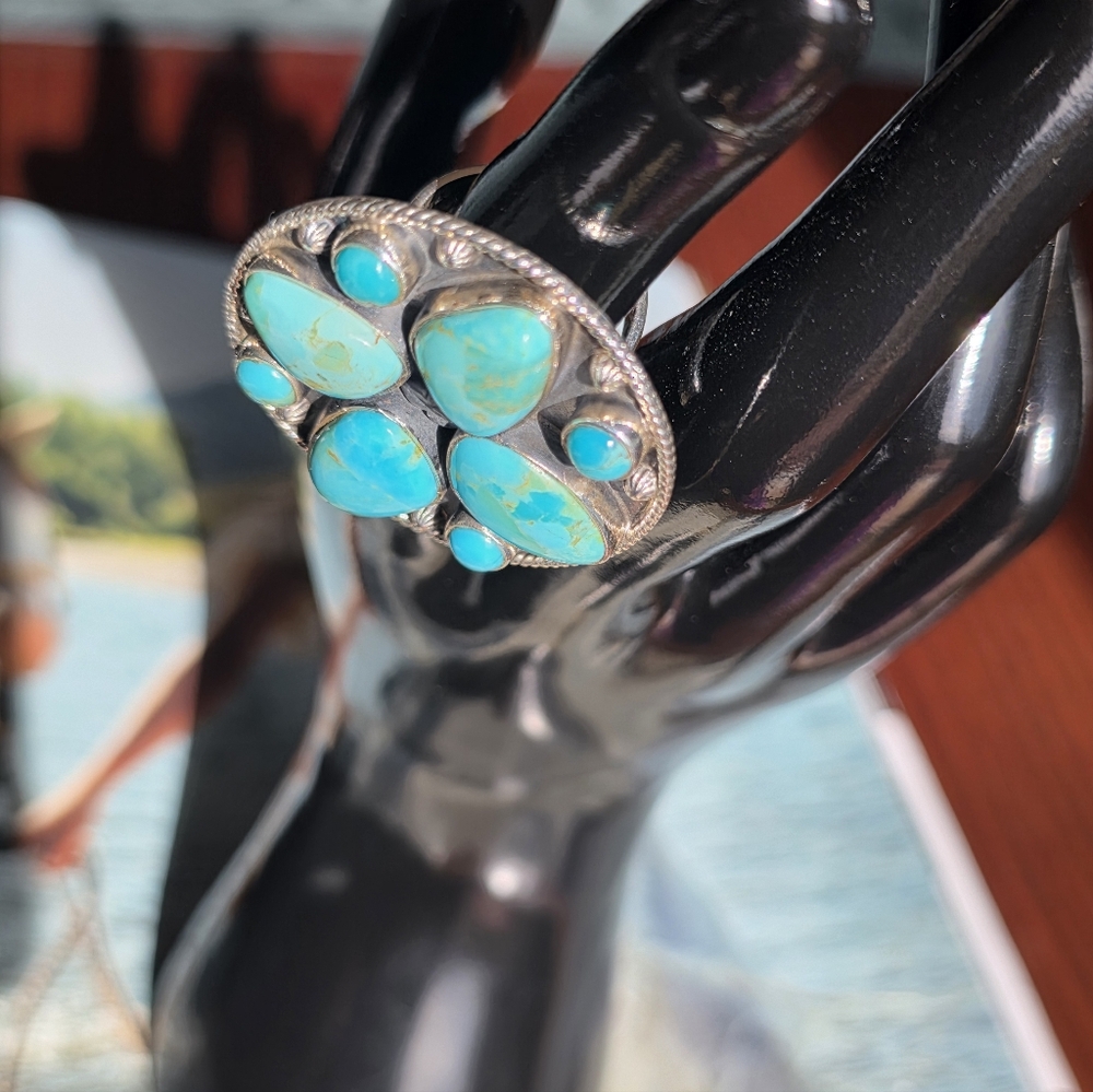 🆕️Kingman Turquoise Sterling Silver Statement Ring Adjustable~ Fits Size 6-8 - Picture 5 of 12